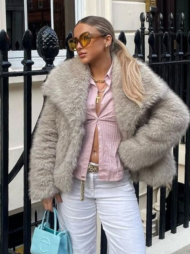 Winter Plush Coat - Fashionable Thick Lapel Outerwear for Women, Long Sleeve Casual Top