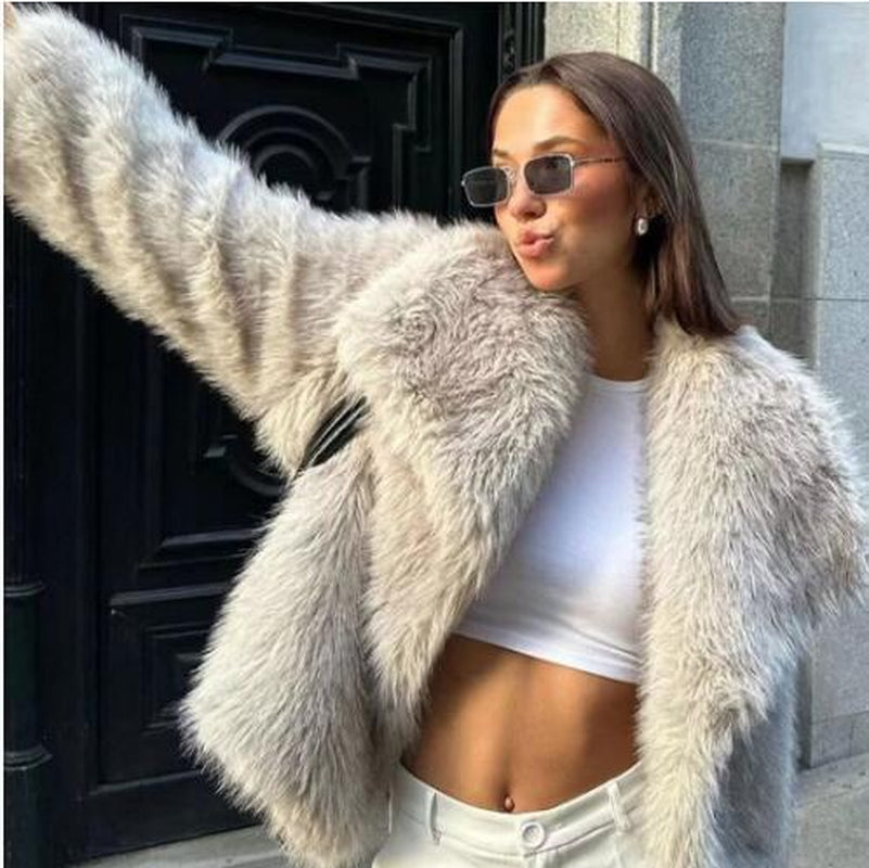 Winter Plush Coat - Fashionable Thick Lapel Outerwear for Women, Long Sleeve Casual Top