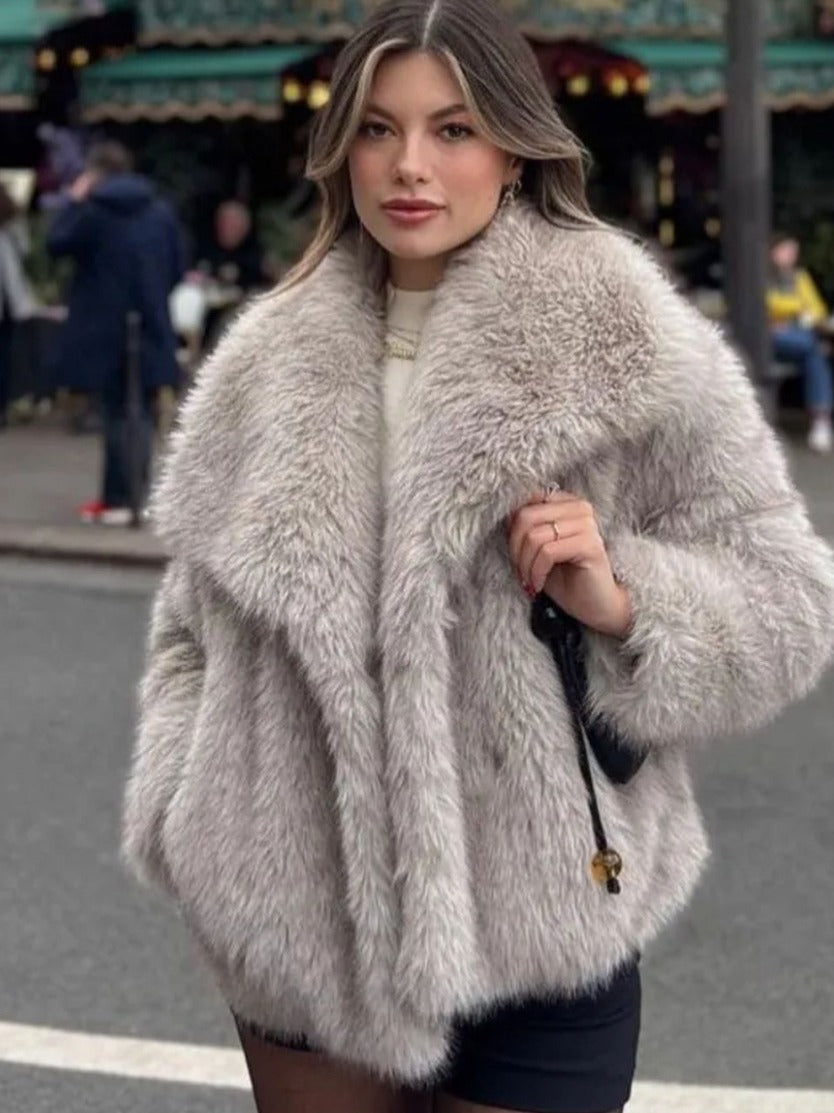 Winter Plush Coat - Fashionable Thick Lapel Outerwear for Women, Long Sleeve Casual Top