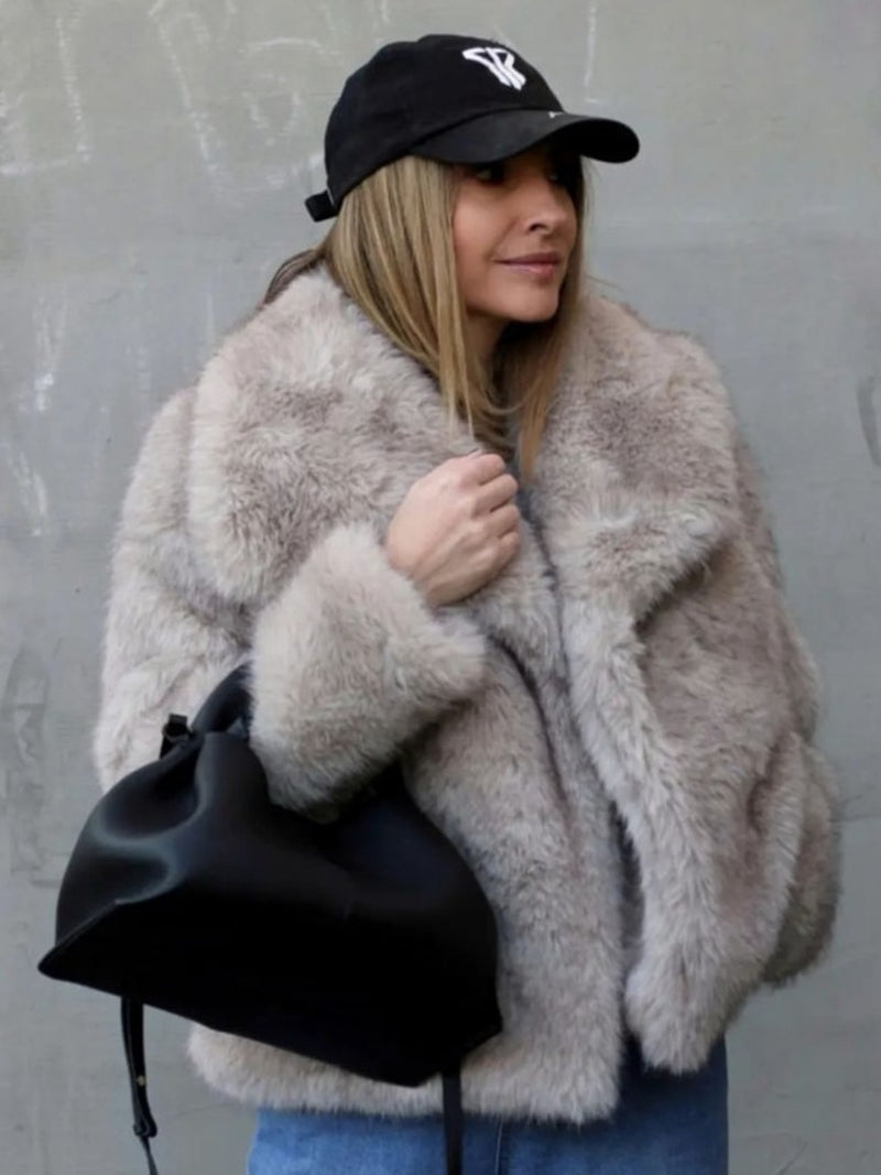 Winter Plush Coat - Fashionable Thick Lapel Outerwear for Women, Long Sleeve Casual Top